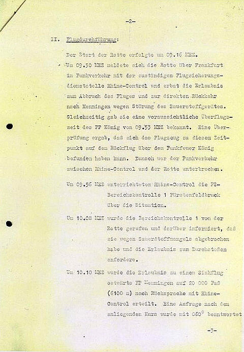 zweite Seite eines maschinengeschriebenen Berichts mit tabellarisch dargestelltem, zeitlichem Ablaufplan