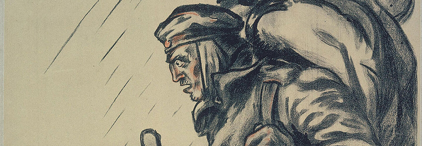 Zeichnung eines Soldaten mit viel Gepäck und einem Gehstock. Darunter steht ein Aufruf zur Spende für Kriegsheimkehrer.