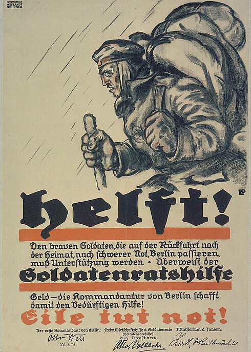 Zeichnung eines Soldaten mit viel Gepäck und einem Gehstock. Darunter steht ein Aufruf zur Spende für Kriegsheimkehrer.