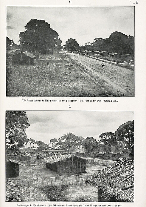 Zwei Fotos von Holzhütten mit Strohdächern