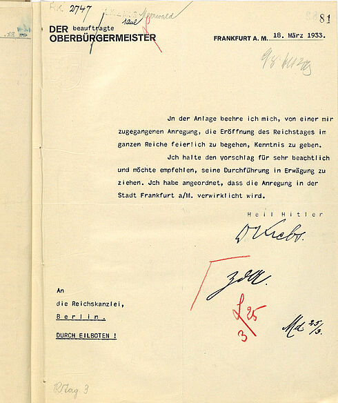 Schreiben des Frankfurter Oberbürgermeisters Dr. Krebs an die Reichskanzlei
