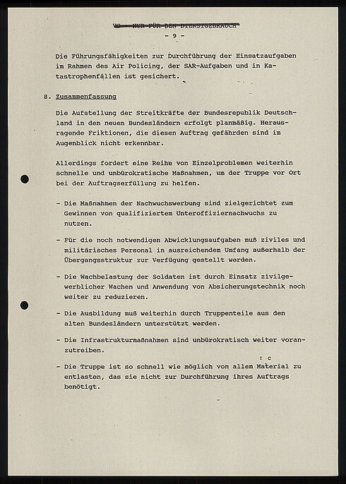 Vortrag zum Thema „Lage der Bundeswehr in den neuen Ländern“, 16. September 1991 (Seite 9) Maschinenschriftliches Dokument