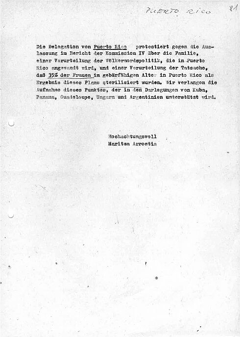 Beitrag der puerto-ricanischen Delegation zu den Schlussdokumenten in Maschinenschrift und mit unterstrichenen Passagen