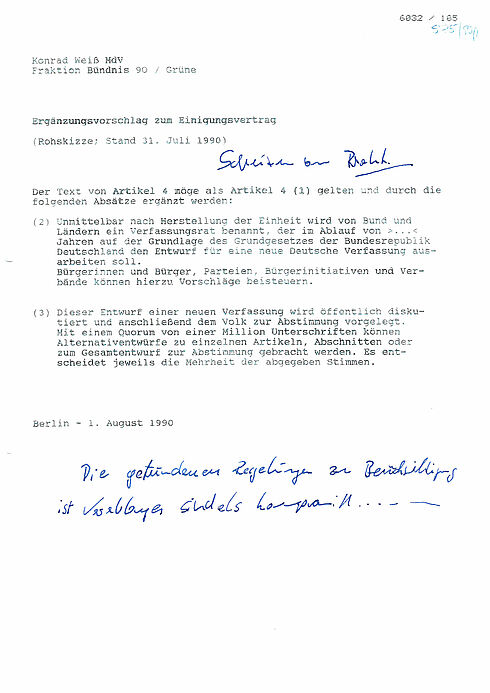 Rohskizze des Ergänzungsvorschlag der Fraktion Bündnis 90/Die Grünen zum Einigungsvertrag, 31. Juli 1990