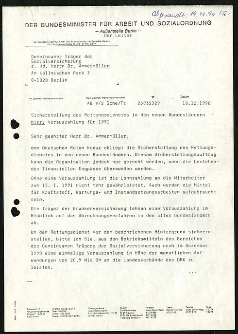 Erste Seite eines Schreibens zur Finanziellen Sicherstellung des Rettungsdienstes in den neuen Bundesländern, 1990