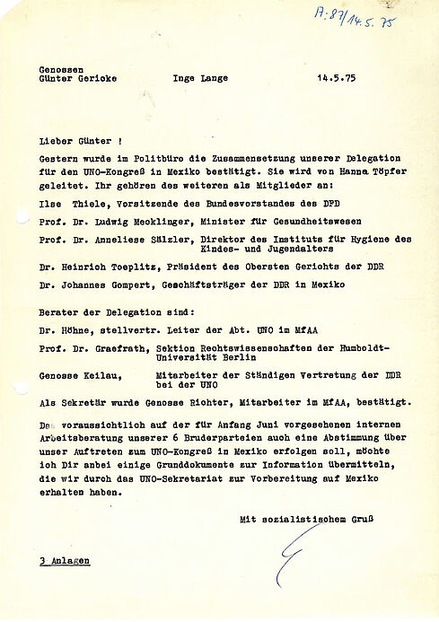 Bestätigung der Delegation für den UNO-Kongress in Mexiko, 1975