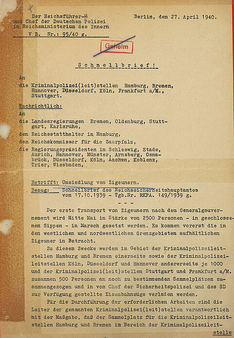 Schreiben mit Maschinentext, durchgestrichenem "Geheim"-Stempel sowie händisch unterstrichenem Betreff