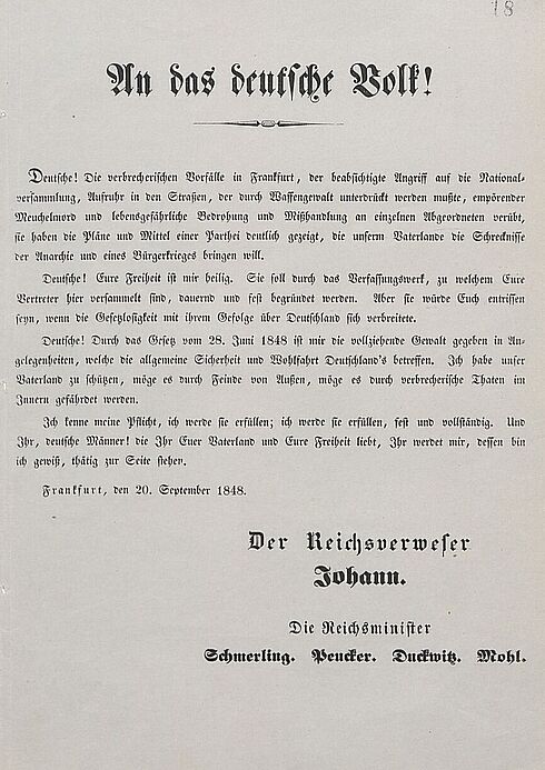 Bild des Aufruf des Reichsverwesers Johann an das deutsche Volk, Frankfurt am Main, 20. September 1848