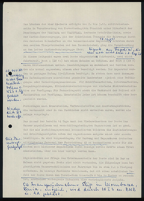 Maschinenschriftliches Dokument mit handschriftlichen Ergänzungen und Unterstreichungen