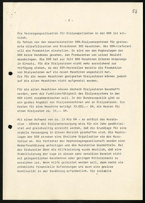 Zweite Seite des Sitzungsberichts über die Organisation, die Finanzierung und die Probleme der Dialyseversorgung besonders in der DDR, 1990