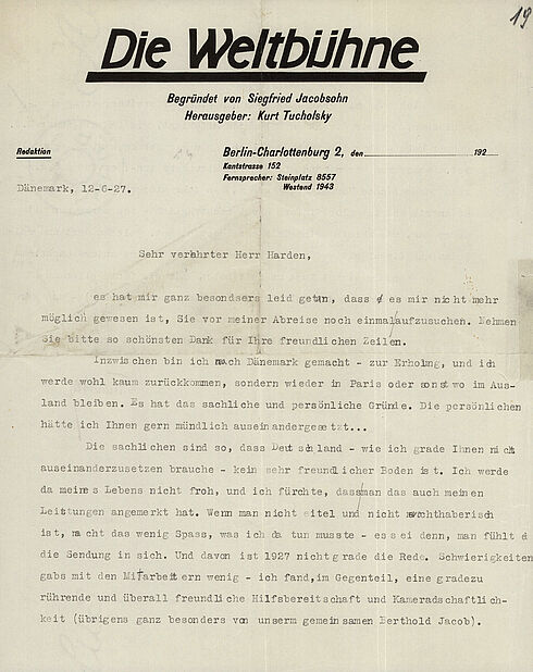 maschinentextliches Schreiben auf vorgedrucktem Kopfbogen der „Weltbühne“
