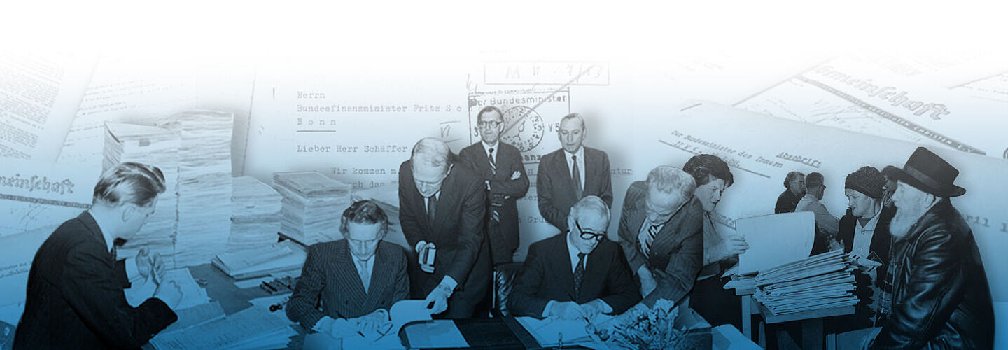 Collage aus Bildern zum Thema „Wiedergutmachung nationalsozialistischen Unrechts“