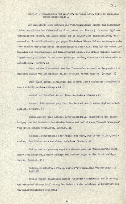 Das Dokument zeigt die Anklageschrift des Internationalen Militärgerichtshofs gegen Walther Funk.