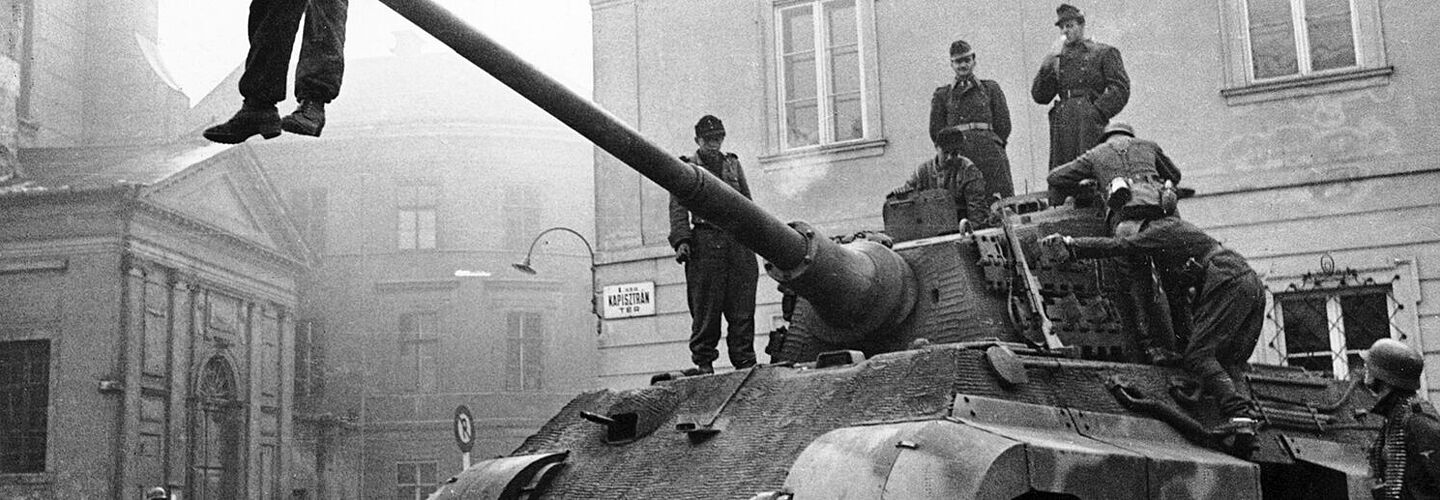 Schwarz-Weiß-Fotografie eines Königstigers mit einem auf dem Rohr sitzenden Soldaten.
