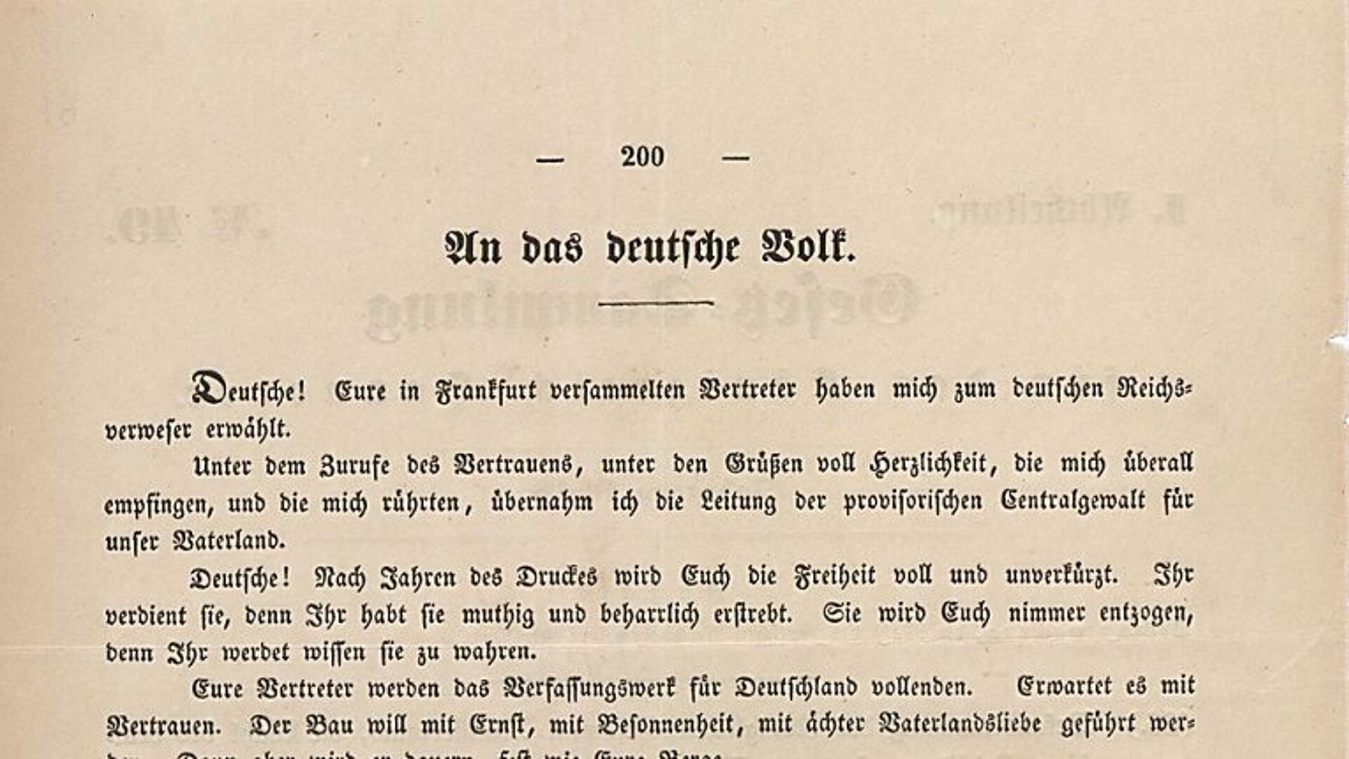 Bild der Botschaft des Reichsverwesers Erzherzog Johann an das deutsche Volk, 15. Juli 1848