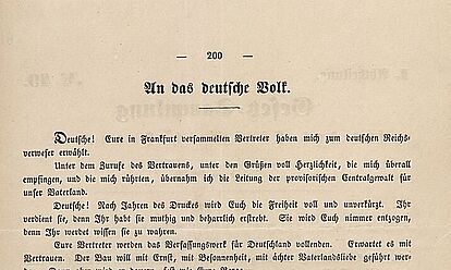 Bild der Botschaft des Reichsverwesers Erzherzog Johann an das deutsche Volk, 15. Juli 1848