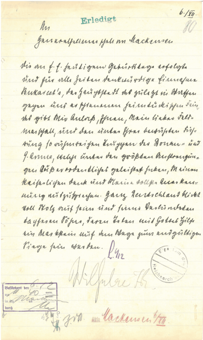 Entwurf eines Dankschreibens von Wilhelm II. an Generalfeldmarschall August von Mackensen als Dank für die Eroberung von Bukarest, 1916