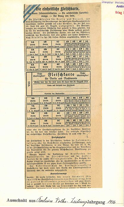 Abdruck der einheitlichen Fleischkarte in der Berliner Volkszeitung, 1916