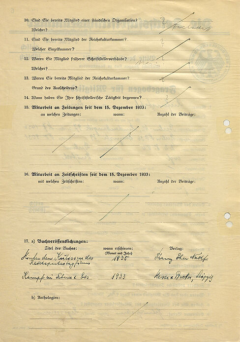 Fragebogen für Mitglieder der Reichskulturkammer von Leni Riefenstahl, 1936