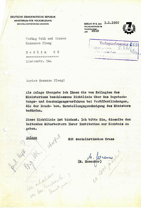 Übersendung der Richtlinie über das Begutachtungs- und Genehmigungsverfahren an den Hauptdirektor des Verlages am 03.01.1962 Maschinell erstelltes Schriftgut