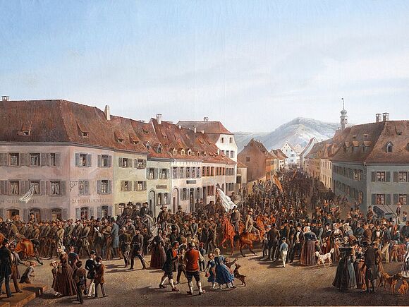 Einzug der Freischar Weishaar in Lörrach (Friedrich Kaiser 1848, Dreiländermuseum Lörrach)
