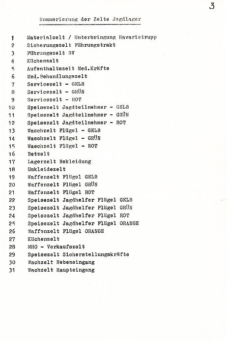 Plan der benötigten Zelte im Jagdlager Wanzleben für die Jagd am 15.12.1987 im Bezirk Magdeburg.  Die Farben ROT, GRÜN und GELB entsprachen den Gruppen der Jagdteilnehmer, die die entsprechenden Flanken bildeten. In der Gruppe ROT befanden sich die höchsten Funktionäre aus Partei- und Staatsführung. Die Jagdhelfer bildeten die Gruppe ORANGE.