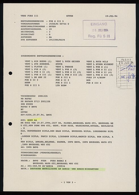 Fernschreiben des Auswärtigen Amtes zur Unterrichtung der deutschen Auslandsvertretungen über die Fortführung der Beteiligung am Adria-Embargo und der Durchsetzung der Flugverbotszone in Bosnien-Herzegowina, 19. Juli 1994