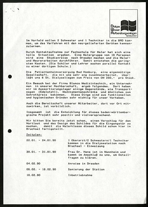 Zweite Seite des Ablaufplans der Firma DWA zur Einrichtung einer neuen Dialysestation in Dresden, 1990