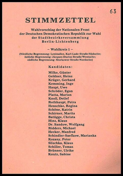 Stimmzettel der Nationalen Front zur Wahl der Stadtbezirksversammlung Berlin-Lichtenberg am 07.05.1989