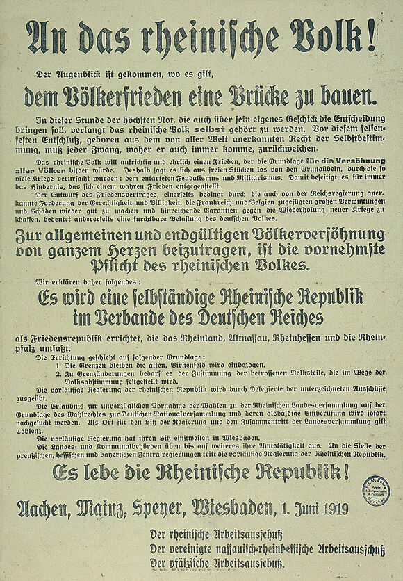 Plakat zum Rheinischen Separatismus (1919) Plakat in Frakturschrift