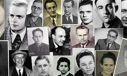 Collage aus schwarz-weiß Passfotos von 5 Frauen und 14 Männern