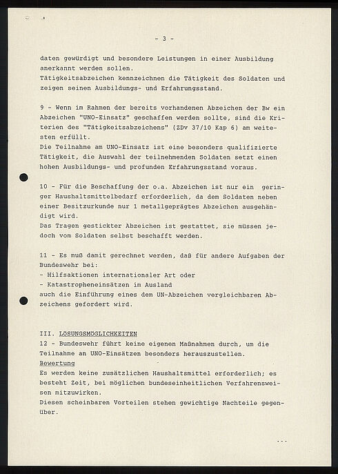 Vorlage für den Generalinspekteur der Bundeswehr zur Schaffung eines besonderen Abzeichens oder Ordens für die Teilnahme an einem Einsatz der Vereinten Nationen, 6. August 1991 (Seite 3) Maschinentextliches Dokument mit nummerierten Absätzen