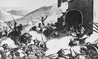 Bild wie Freischärler Freiburg verteidigen, 24. 4. 1848, Illustrierte Zeitung, Nr. 259, Leipzig, 17. Juni 1848