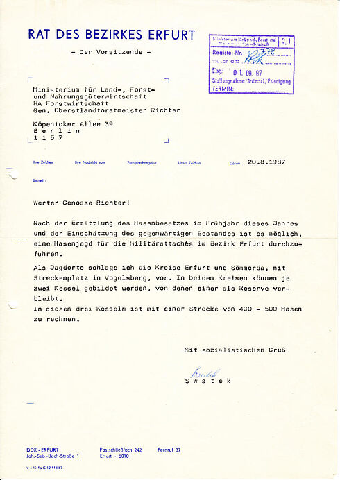 Gebietsvorschlag für die stattfindende Hasenjagd mit den Militärattachés 1987 im Bezirk Erfurt.