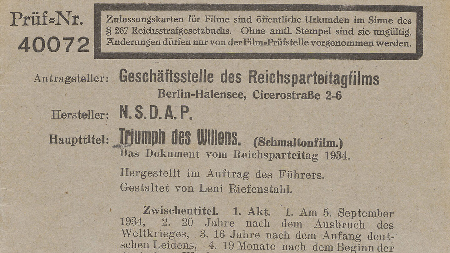 Zulassungskarte "Triumph des Willens", Quelle:
            BArch, R 9346-I/24675, Image 0001