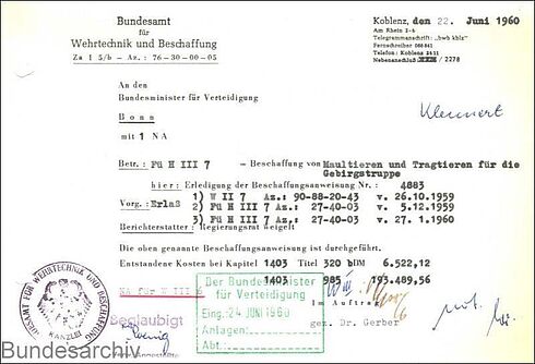 Meldung des Bundesamts für Wehrtechnik und Beschaffung an das Verteidigungsministerium über den Abschluss des Beschaffungsvorgangs von Maultieren aus Italien.