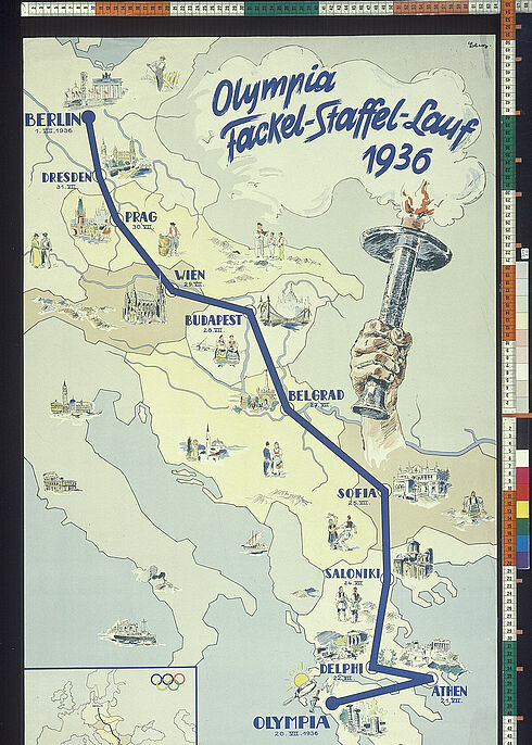 Plakat für die Olympischen Spiele 1936 in Berlin mit dem Weg des Olympischen Fackellaufs von Olympia in Griechenland bis nach Berlin
