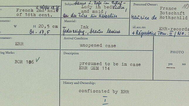 Restitutionskarteikarte für eine Zeichnung mit dem Titel 'Lady in bed and maid'