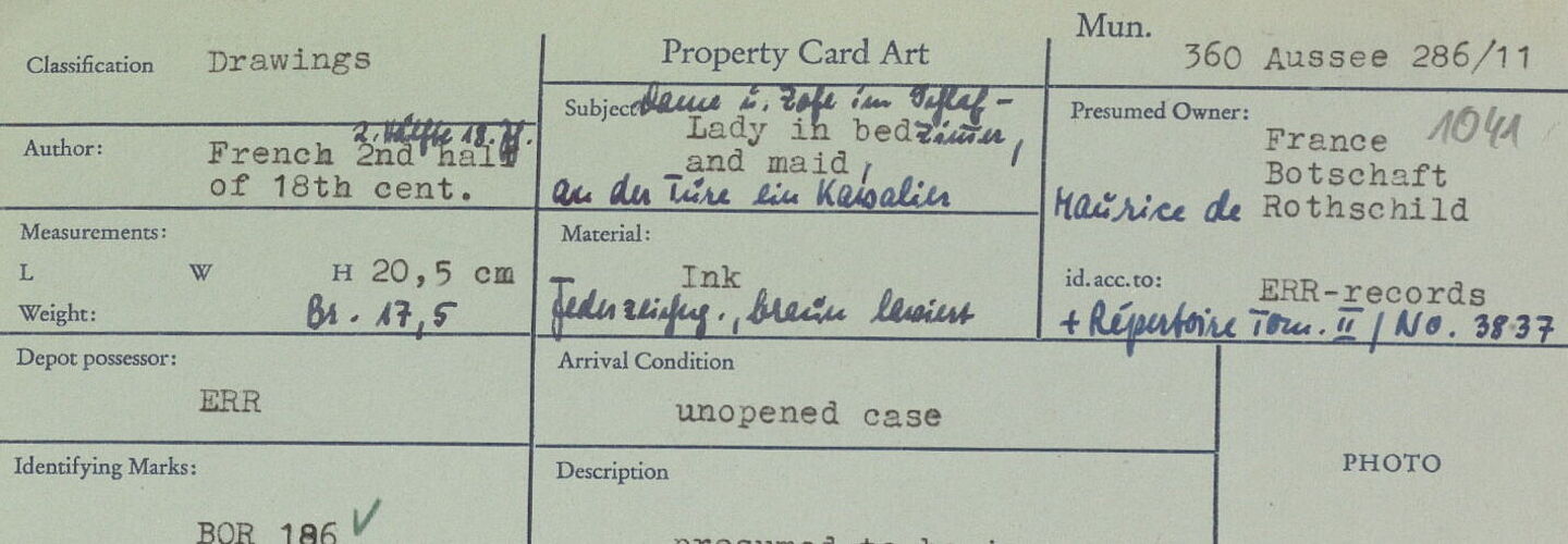 Restitutionskarteikarte für eine Zeichnung mit dem Titel "Lady in bed and maid"