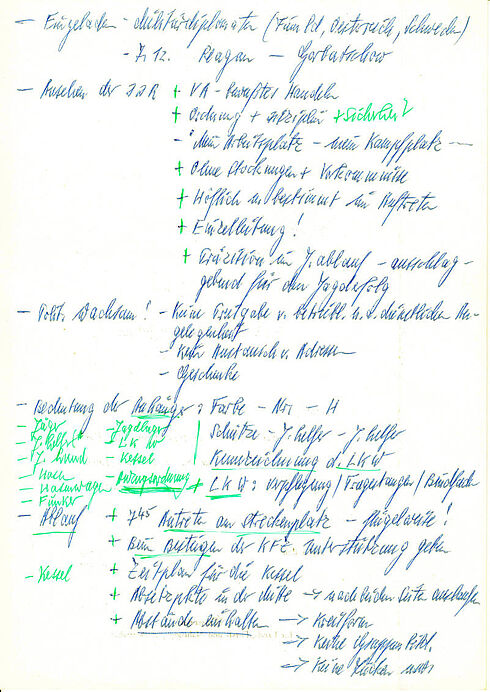 Handschriftliche Notizen zur Vorbereitung der Hasenjagd am 07.12.1985 im Bezirk Magdeburg mit der Überlegung Michael Gorbatschow und Ronald Reagan einzuladen.