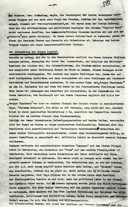 Maschinengeschriebenes Dokument mit strukturierten Absätzen, einer handschriftlichen Unterstreichung sowie Korrekturen