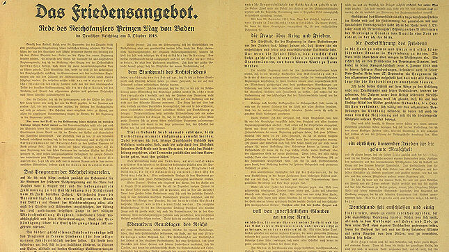 Zeitungsartikel 'Das Friedensangebot. - Rede des Reichskanzlers Prinzen Max von Baden im Deutschen Reichstag am 5. Oktober 1918.'