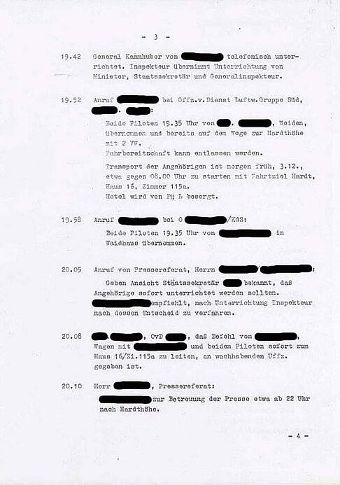 zweite Seite einer maschinengeschriebenen Aktennotiz mit geschwärzten Personennamen sowie Zeitangaben und Informationen zu Telefonaten 