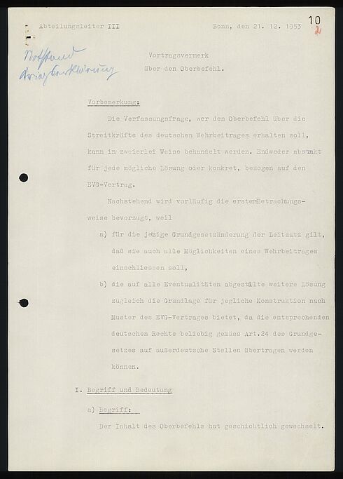Vortragsvermerk vom 21. Dezember 1953
