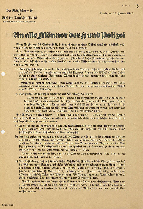 ganzseitig bedrucktes Schriftdokument auf Kopfbogen des Reichsführers SS und Chefs der Deutschen Polizei
