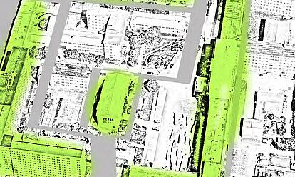 Grafische Darstellung des geplanten Sanierungsgebiets auf dem Campus für Demokratie mit grün markierten Gebäuden