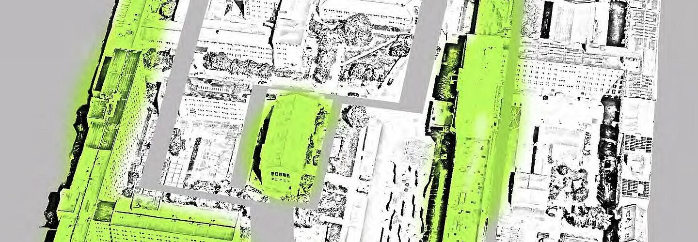 Grafische Darstellung des geplanten Sanierungsgebiets auf dem Campus für Demokratie mit grün markierten Gebäuden