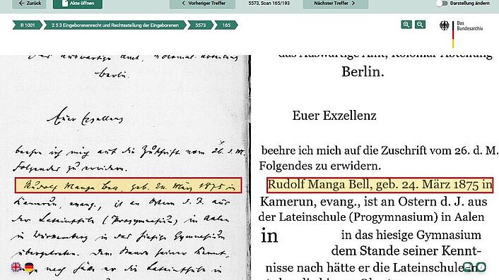 Markierter Textabschnitt zu Rudolf Manga Bell