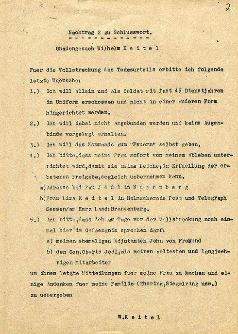 Das Dokument zeigt das Gnadengesuch Wilhelm Keitels als Anhang zu dessen Schlusswort.