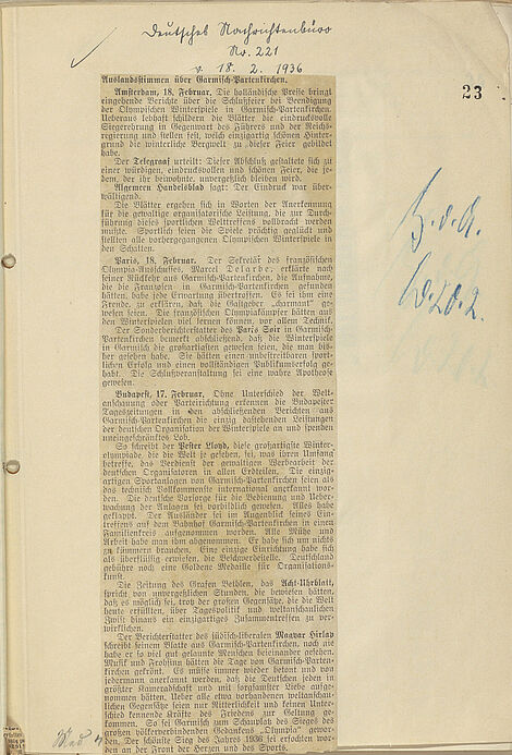 Zusammenfassung verschiedener Presseberichte über die Olympischen Winterspiele 1936 vom 18. Februar 1936